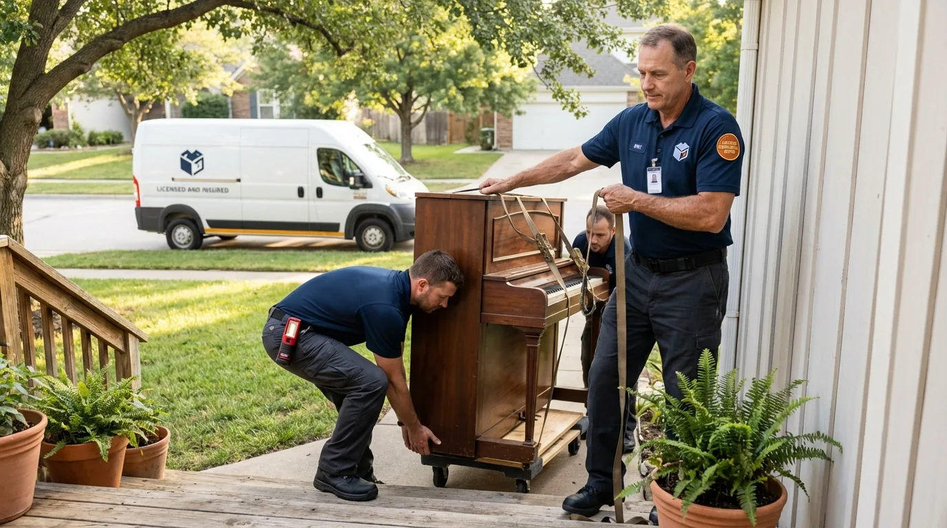 Licensed piano movers securing grand piano in La Grange, NC