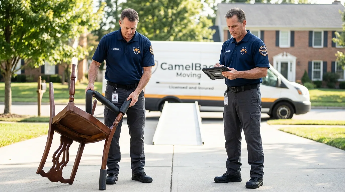Movers inspecting furniture for damage prevention before loading in La Grange, NC