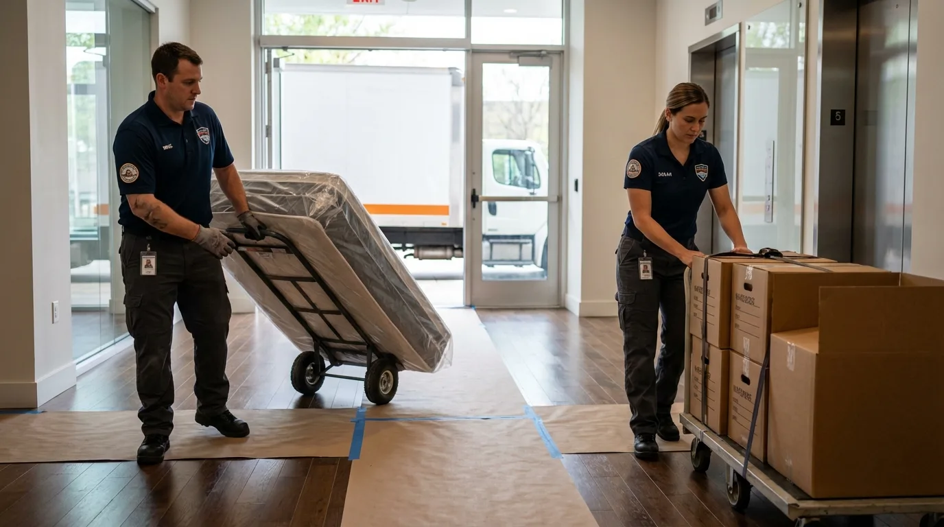 Professional apartment movers loading elevator in La Grange, NC