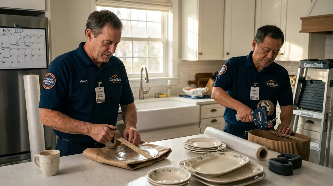 Professional crew packing kitchen dishware in La Grange, NC